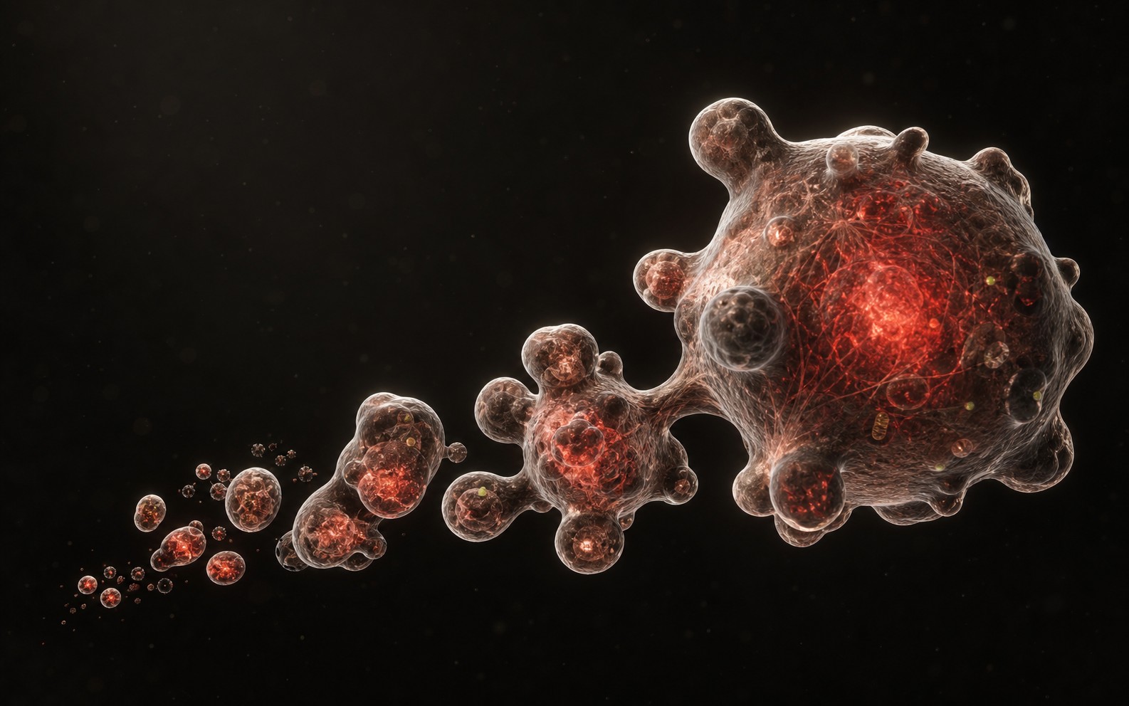 Conceptual visualization of a damaged cell fragmenting during apoptosis